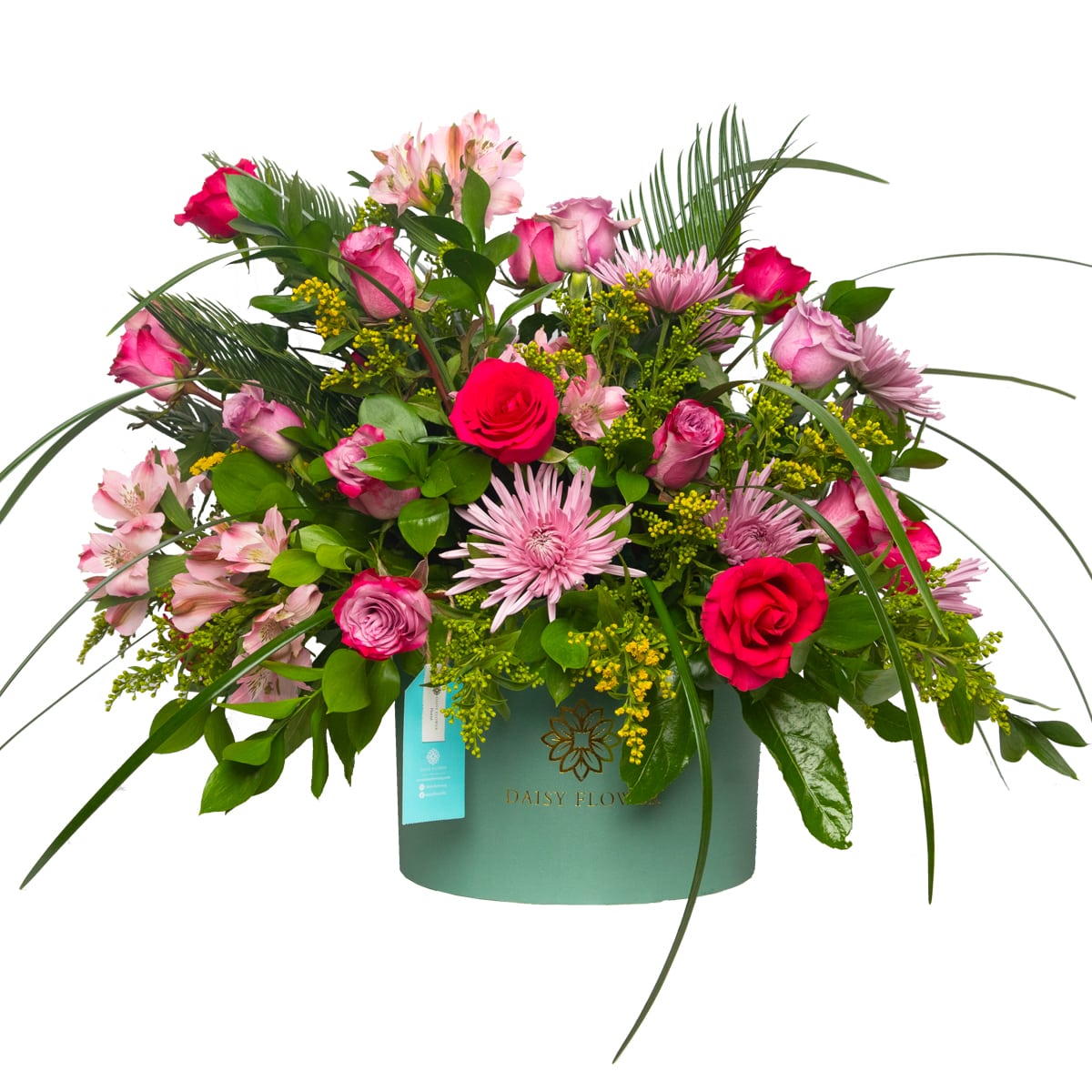 flower-box-contains-Purple-Roses-Fuchsia-Roses-Alstromeria-pink-Chrysanthemum-Spider-Purple-Soladago-Greenery-daisy-flower-egypt