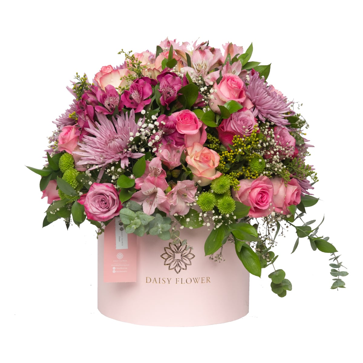 pink-flower-box-contains-Purple-Roses-Pink-Roses-Light-Pink-Roses-Alstromeria-pink-Chrysanthemum-Spider-Purple-Chrysanthemum-Green-Eucalyptus-Soladago-Safander-daisy-flower-egypt