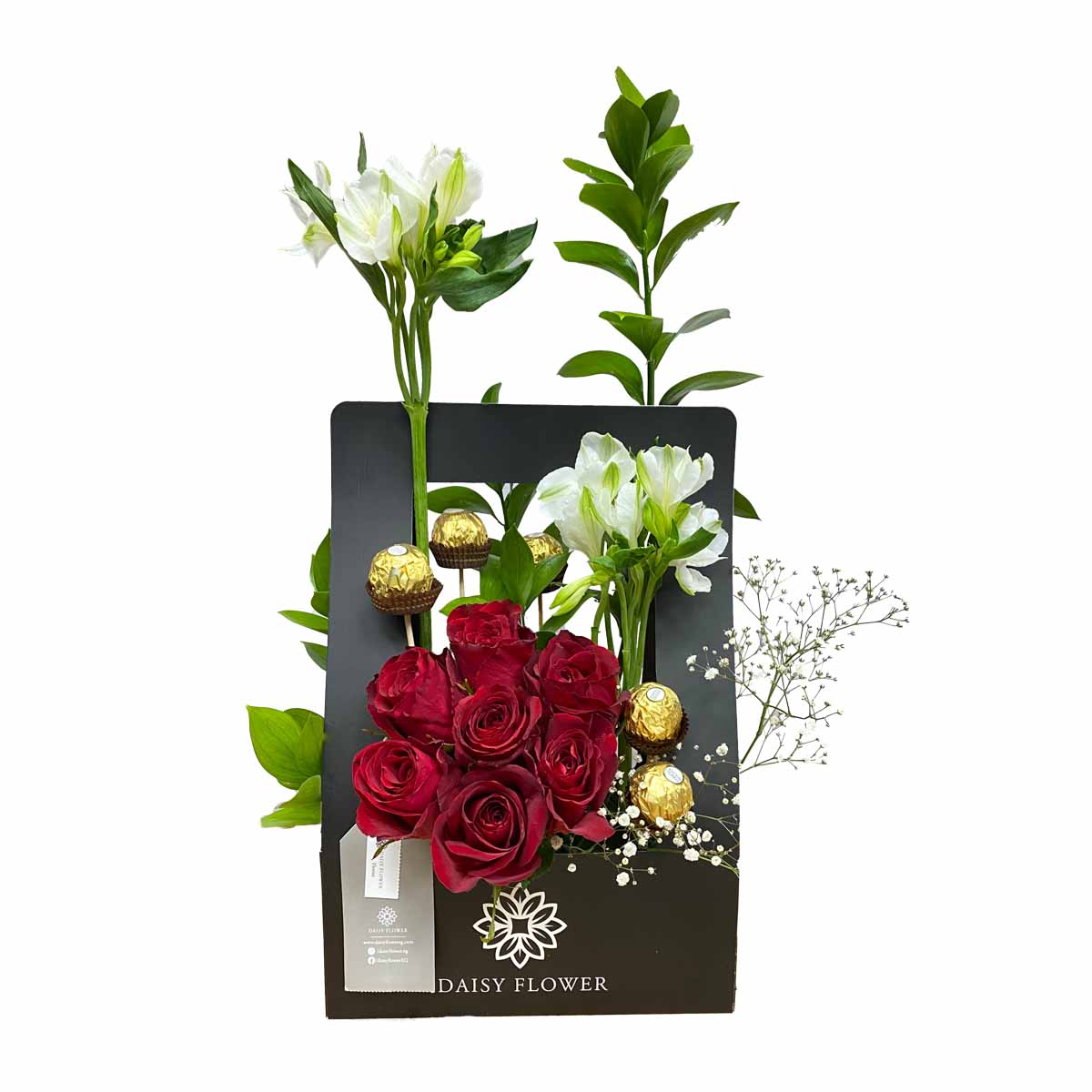 Flower-black-Bag-contains--red-Roses-Alstromaria-Safander-Chocolate-daisy-flower-egypt