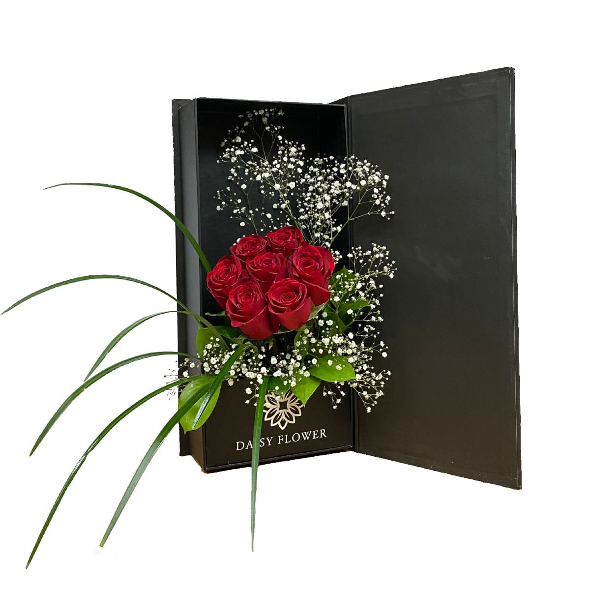 Flower-black-box-contains-red-Roses-Gypsophila-Safander-Tgrass-daisy-flower-egypt