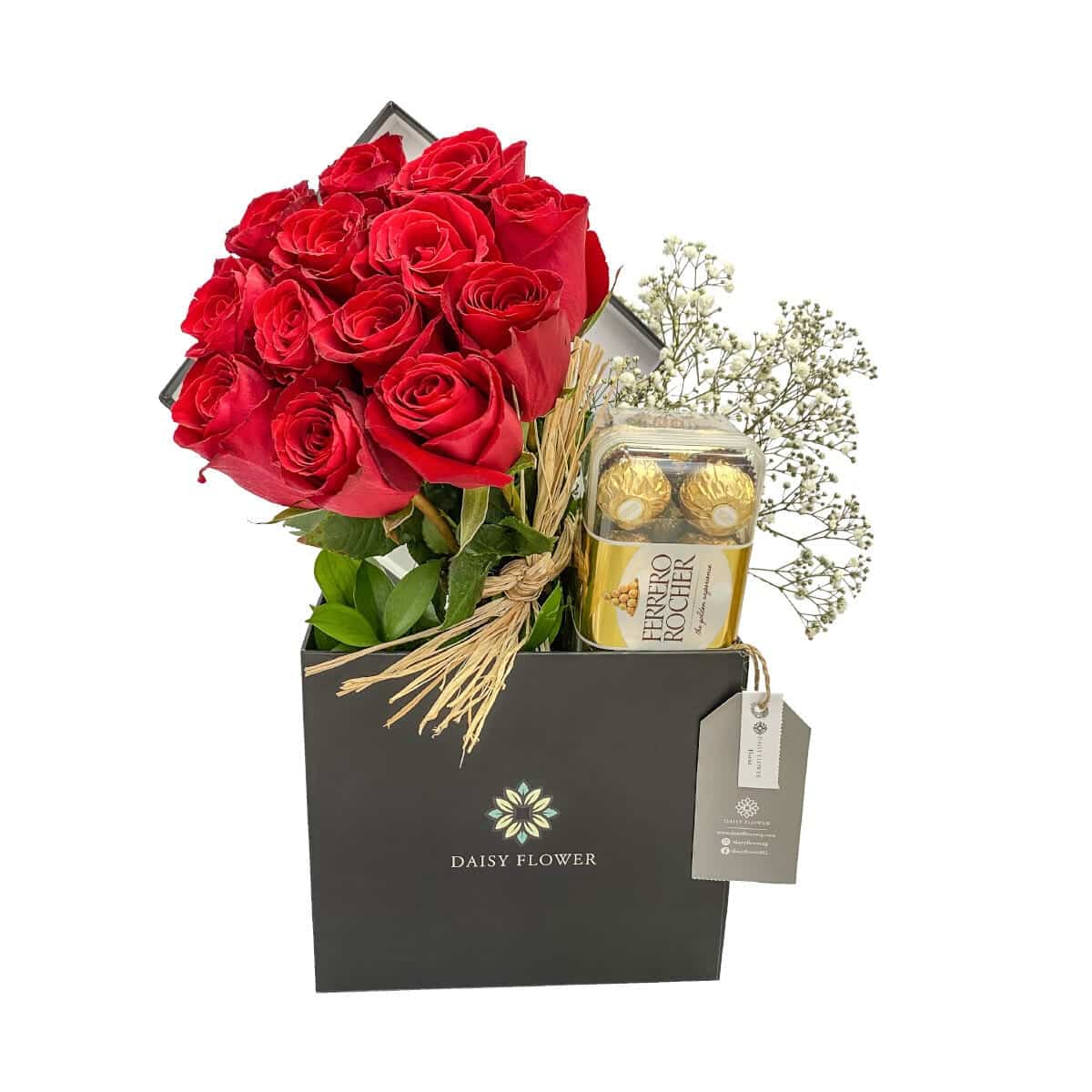 Floral-black-Bag-ferrero-rocher-box--red-Roses-Gypsophilia-Safander-daisy-flower-egypt