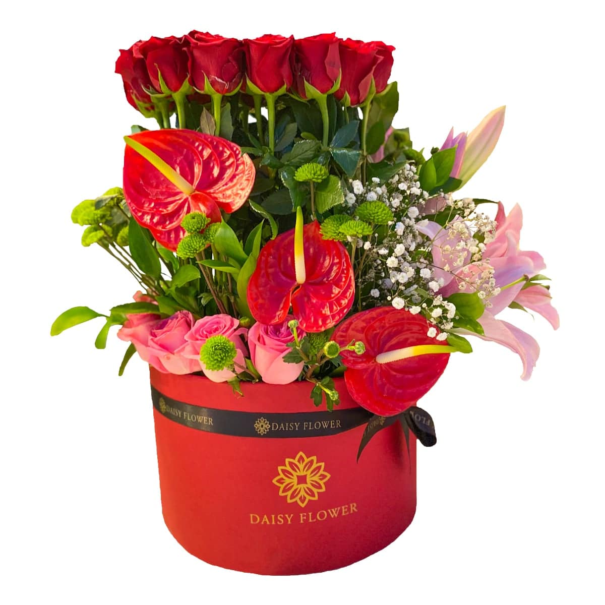 red-floral-box-contains-red-roses-Anthurium-Pink-Roses-Liliys-Chrysanthemum-Gypsophila-Safander-daisy-flower-egypt