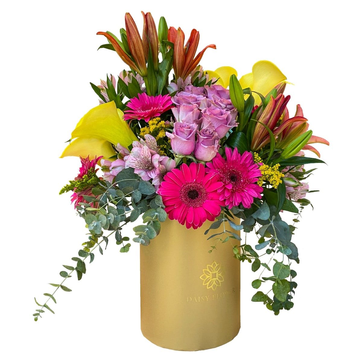 colorful-floral-Box-contains-Roses-calla-Lily’s-Gerbera-Alstroemeria-Eucalyptus-Soladago-Greenary-daisy-flower-egypt