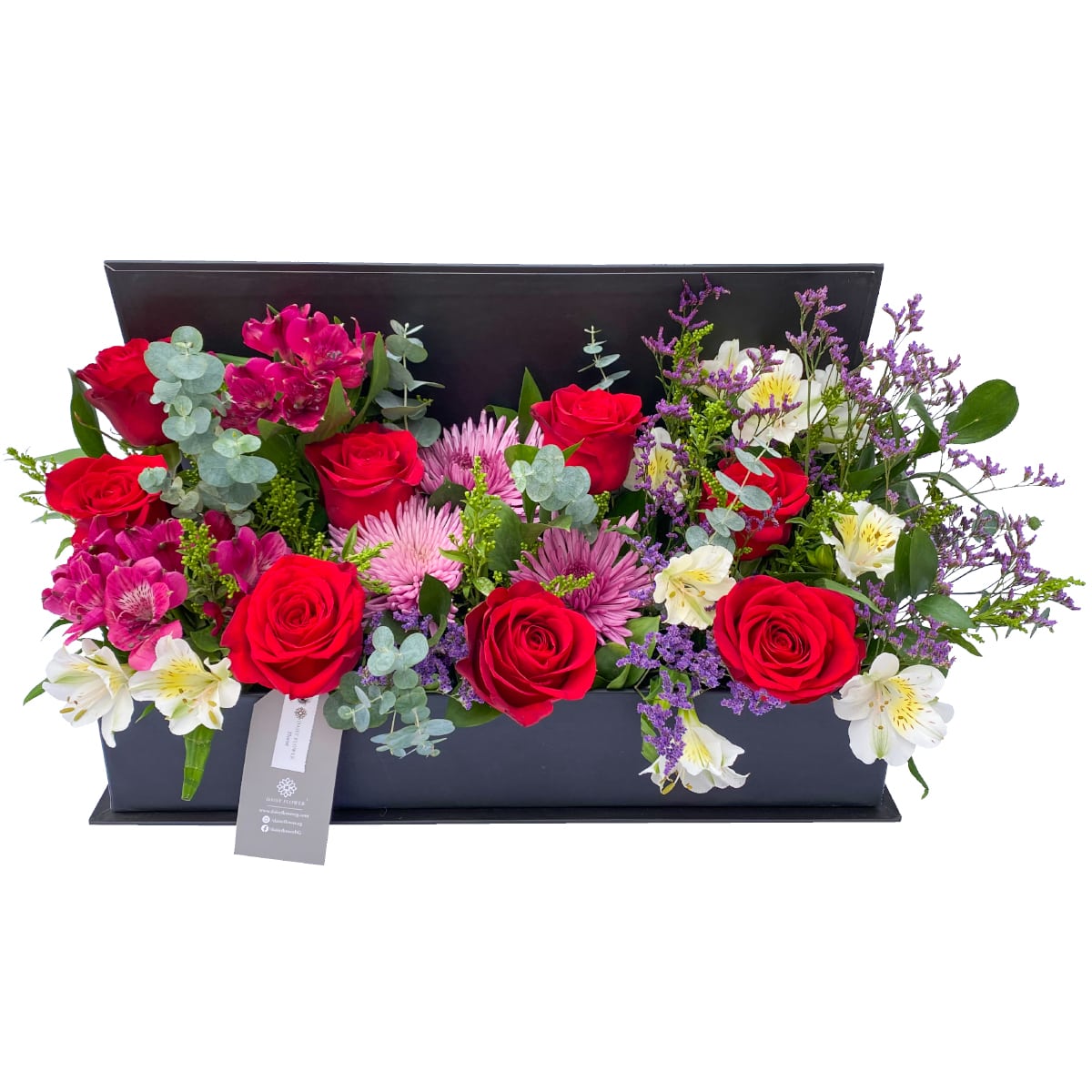 Floral-Box-contains-red-Roses-Speder-Alstroemeria-White-Alstroemeria-Foushia-Eucalyptus-Limonium-Solodago-Safander-daisy-flower-egypt